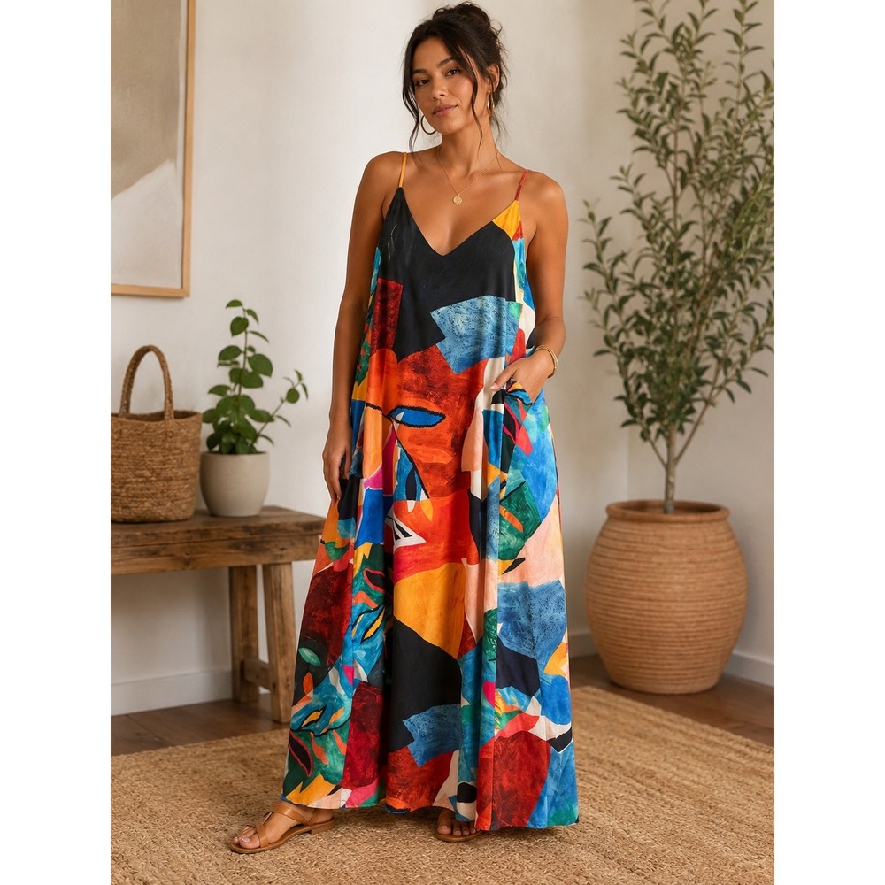 L 157 Nicole Miller New York L Abstract Print Maxi Dress Built In Bra Colorful